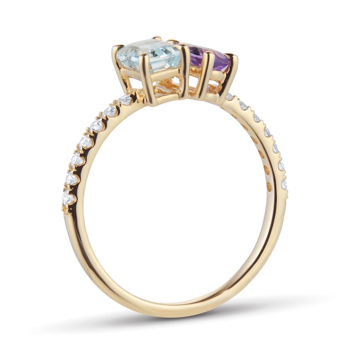 By Request 9ct Yellow Gold Moi Et Toi Pear Amethyst & Rectangular Aquamarine Ring