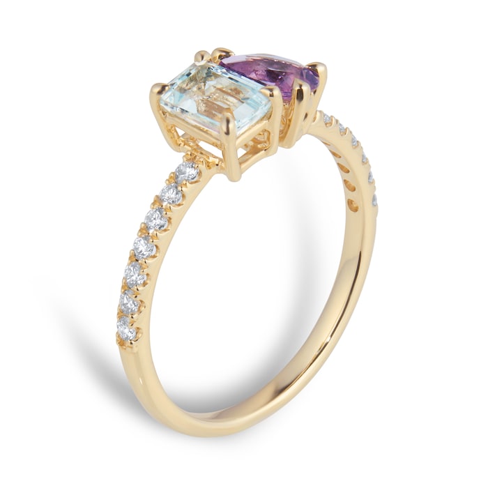 By Request 9ct Yellow Gold Moi Et Toi Pear Amethyst & Rectangular Aquamarine Ring