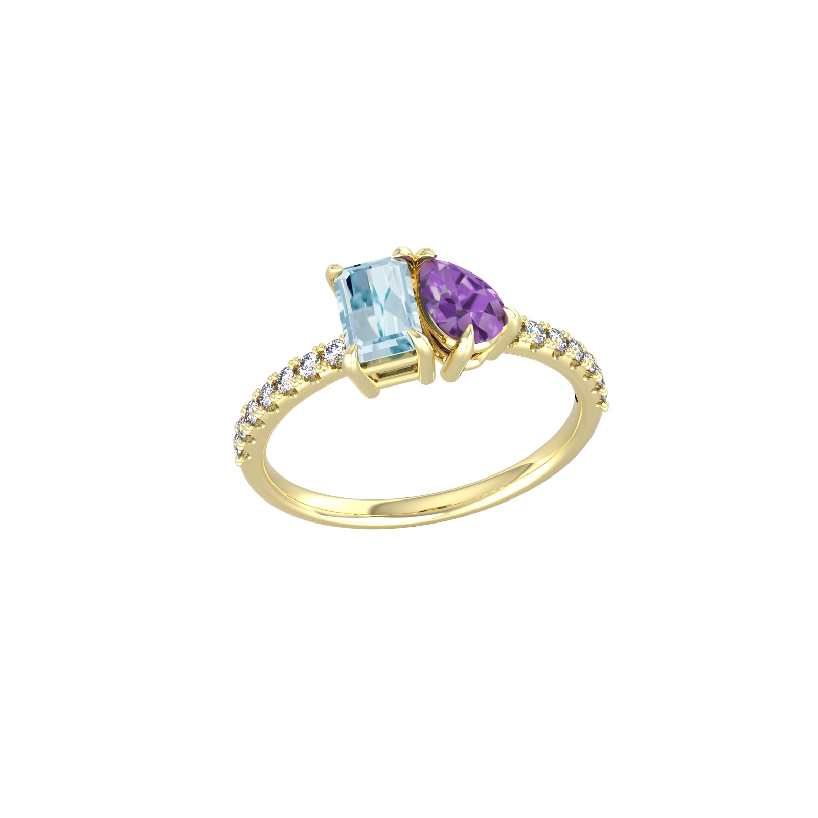 By Request 18ct Yellow Gold Moi Et Toi Pear Amethyst & Rectangular Aquamarine Ring - Ring Size V By Request 18ct Yellow Gold Moi Et Toi Pear Amethyst & Rectangular Aquamarine Ring - Ring Size V