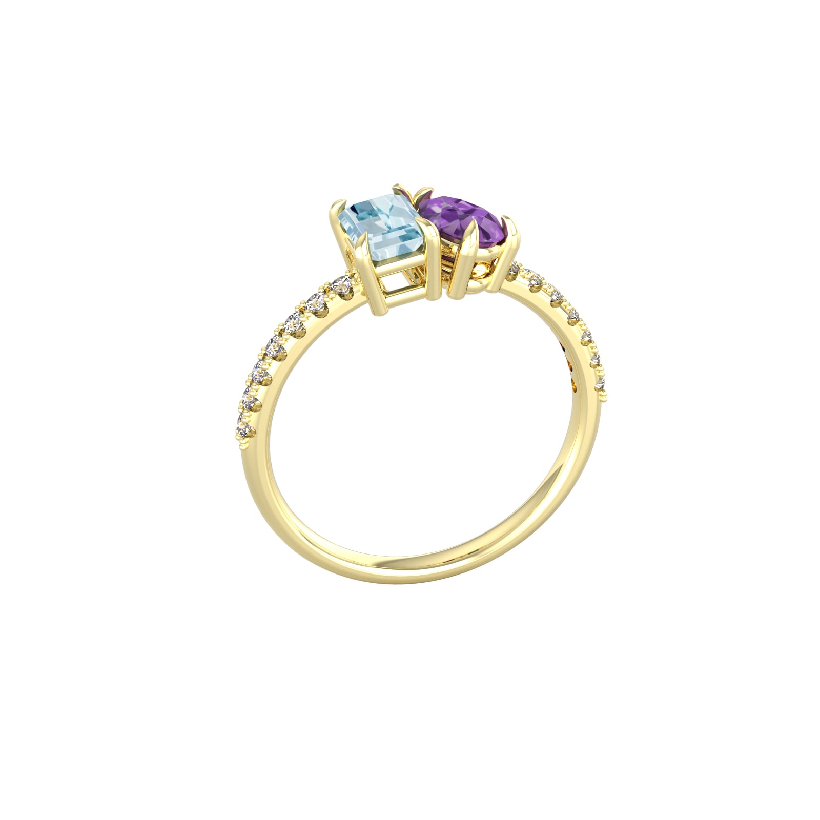 By Request 18ct Yellow Gold Moi Et Toi Pear Amethyst & Rectangular Aquamarine Ring - Ring Size V By Request 18ct Yellow Gold Moi Et Toi Pear Amethyst & Rectangular Aquamarine Ring - Ring Size V