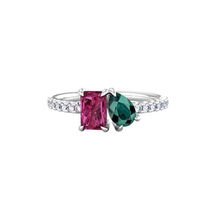 By Request 9ct White Gold Moi Et Toi Pear Green Tourmaline & Rectangular Pink Tourmaline Ring
