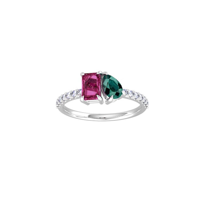 By Request 9ct White Gold Moi Et Toi Pear Green Tourmaline & Rectangular Pink Tourmaline Ring