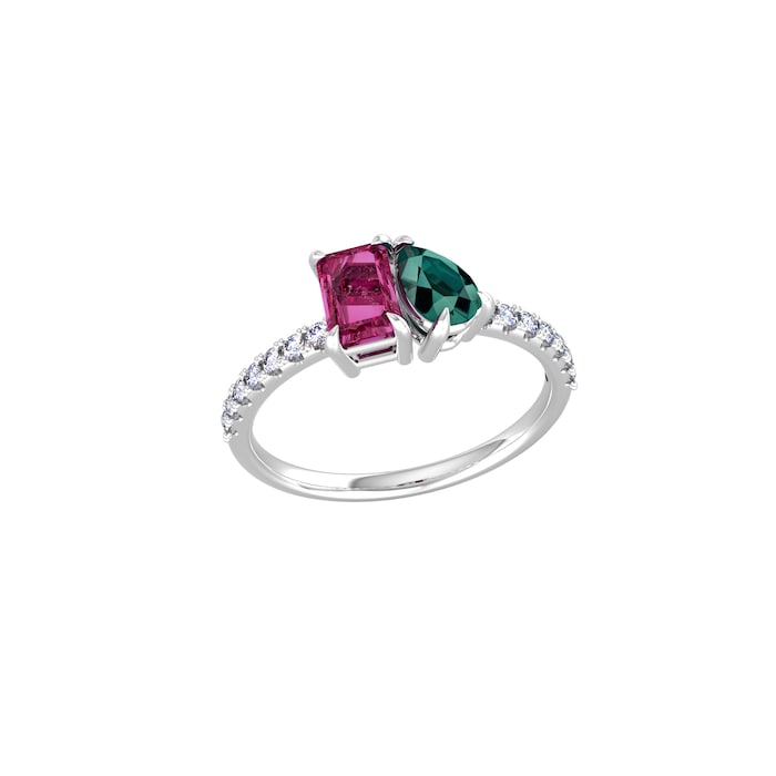 By Request 9ct White Gold Moi Et Toi Pear Green Tourmaline & Rectangular Pink Tourmaline Ring