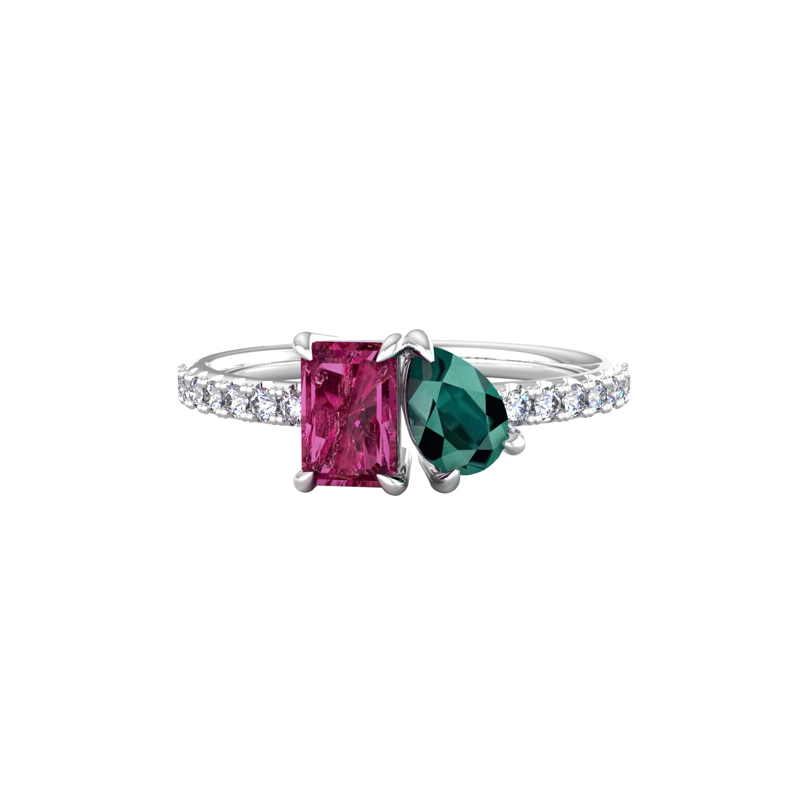 By Request 18ct White Gold Moi Et Toi Pear Green Tourmaline & Rectangular Pink Tourmaline Ring - Ring Size X.5 By Request 18ct White Gold Moi Et Toi Pear Green Tourmaline & Rectangular Pink Tourmaline Ring - Ring Size X.5
