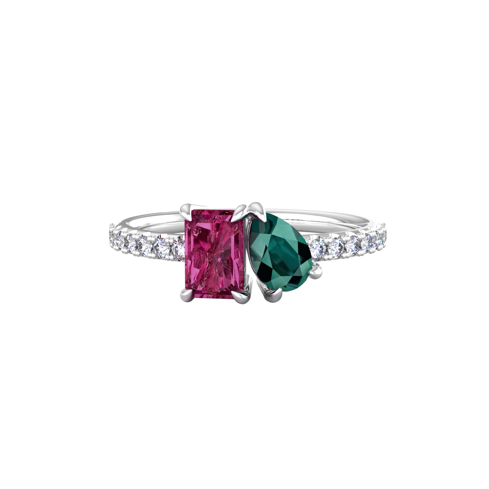 By Request 18ct White Gold Moi Et Toi Pear Green Tourmaline & Rectangular Pink Tourmaline Ring