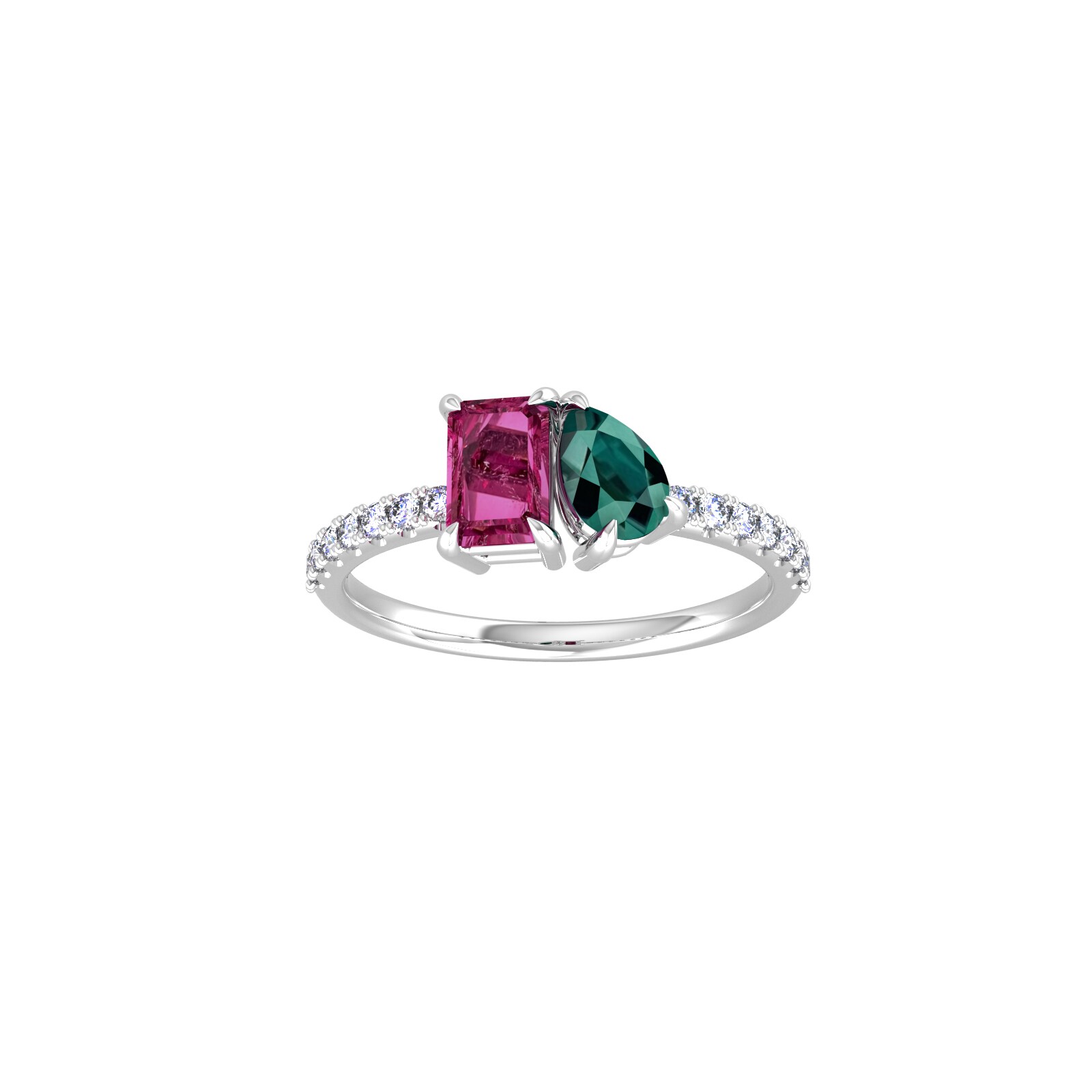 By Request 18ct White Gold Moi Et Toi Pear Green Tourmaline & Rectangular Pink Tourmaline Ring - Ring Size X.5 By Request 18ct White Gold Moi Et Toi Pear Green Tourmaline & Rectangular Pink Tourmaline Ring - Ring Size X.5