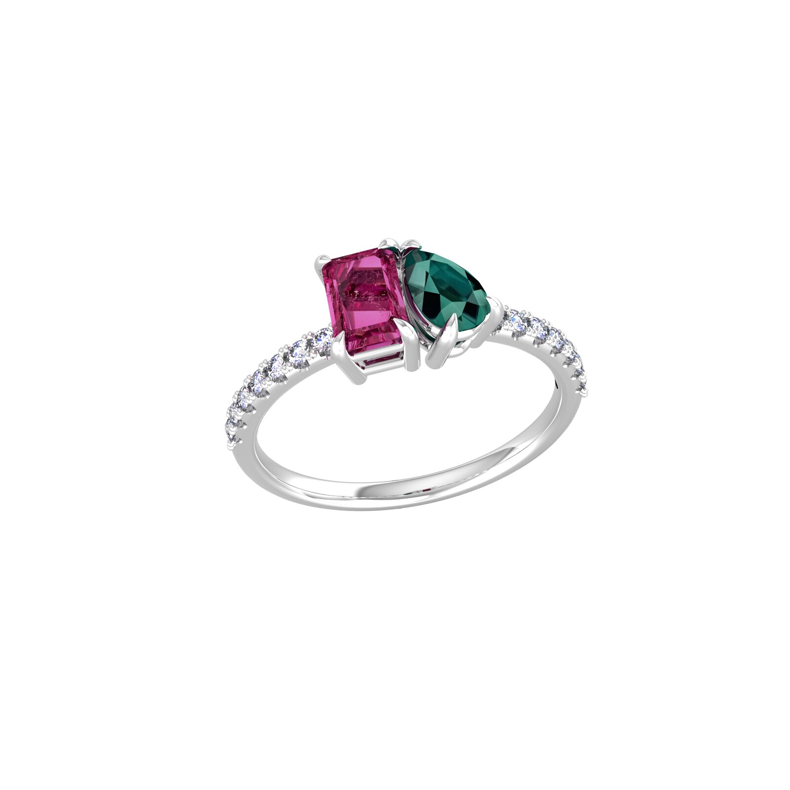 By Request 18ct White Gold Moi Et Toi Pear Green Tourmaline & Rectangular Pink Tourmaline Ring - Ring Size X.5 By Request 18ct White Gold Moi Et Toi Pear Green Tourmaline & Rectangular Pink Tourmaline Ring - Ring Size X.5