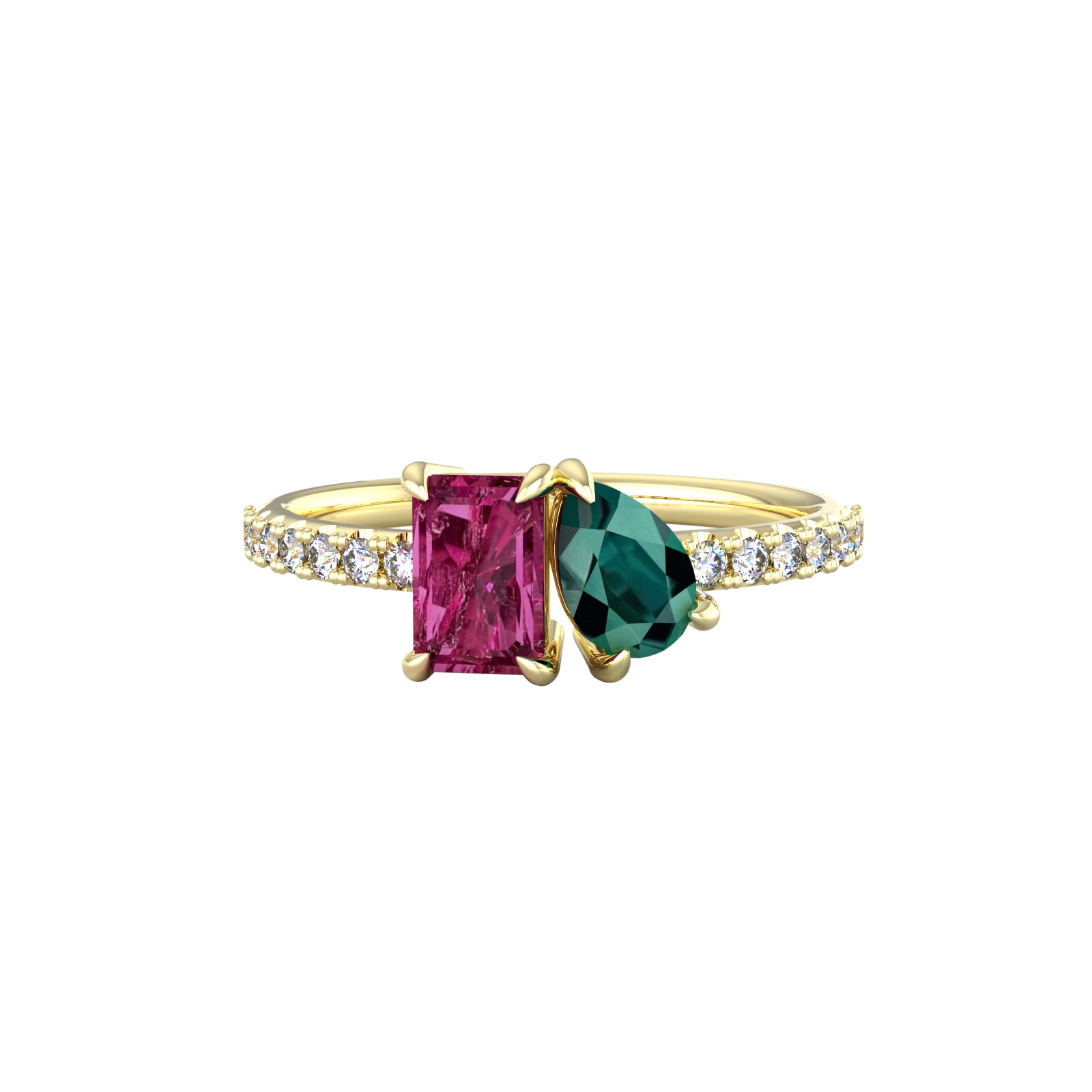 By Request 9ct Yellow Gold Moi Et Toi Pear Green Tourmaline & Rectangular Pink Tourmaline Ring - Ring Size K By Request 9ct Yellow Gold Moi Et Toi Pear Green Tourmaline & Rectangular Pink Tourmaline Ring - Ring Size K