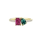 By Request 9ct Yellow Gold Moi Et Toi Pear Green Tourmaline & Rectangular Pink Tourmaline Ring