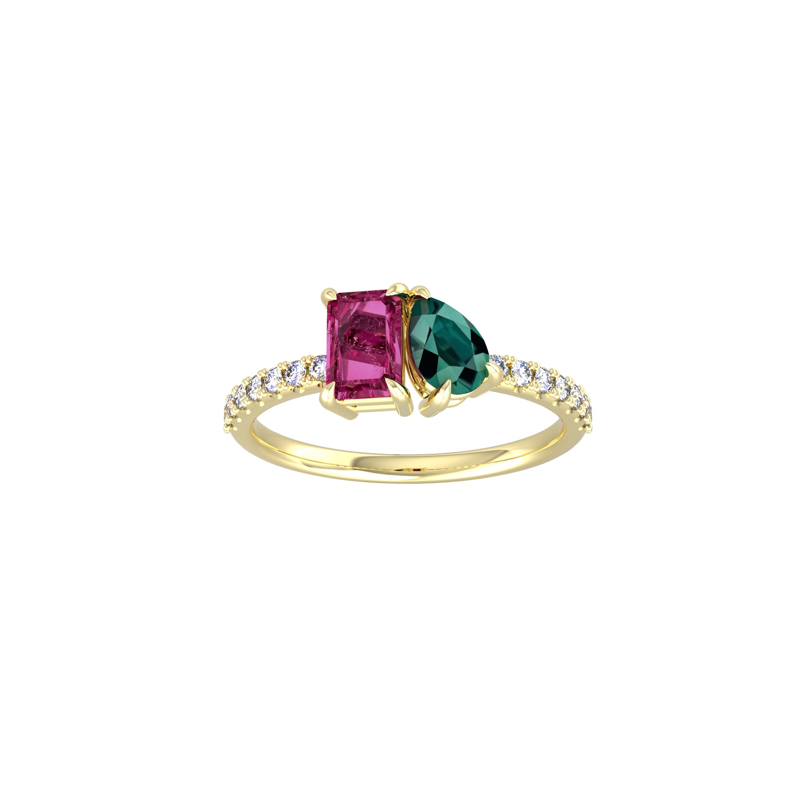By Request 9ct Yellow Gold Moi Et Toi Pear Green Tourmaline & Rectangular Pink Tourmaline Ring - Ring Size K By Request 9ct Yellow Gold Moi Et Toi Pear Green Tourmaline & Rectangular Pink Tourmaline Ring - Ring Size K
