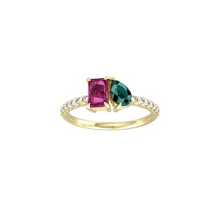By Request 9ct Yellow Gold Moi Et Toi Pear Green Tourmaline & Rectangular Pink Tourmaline Ring