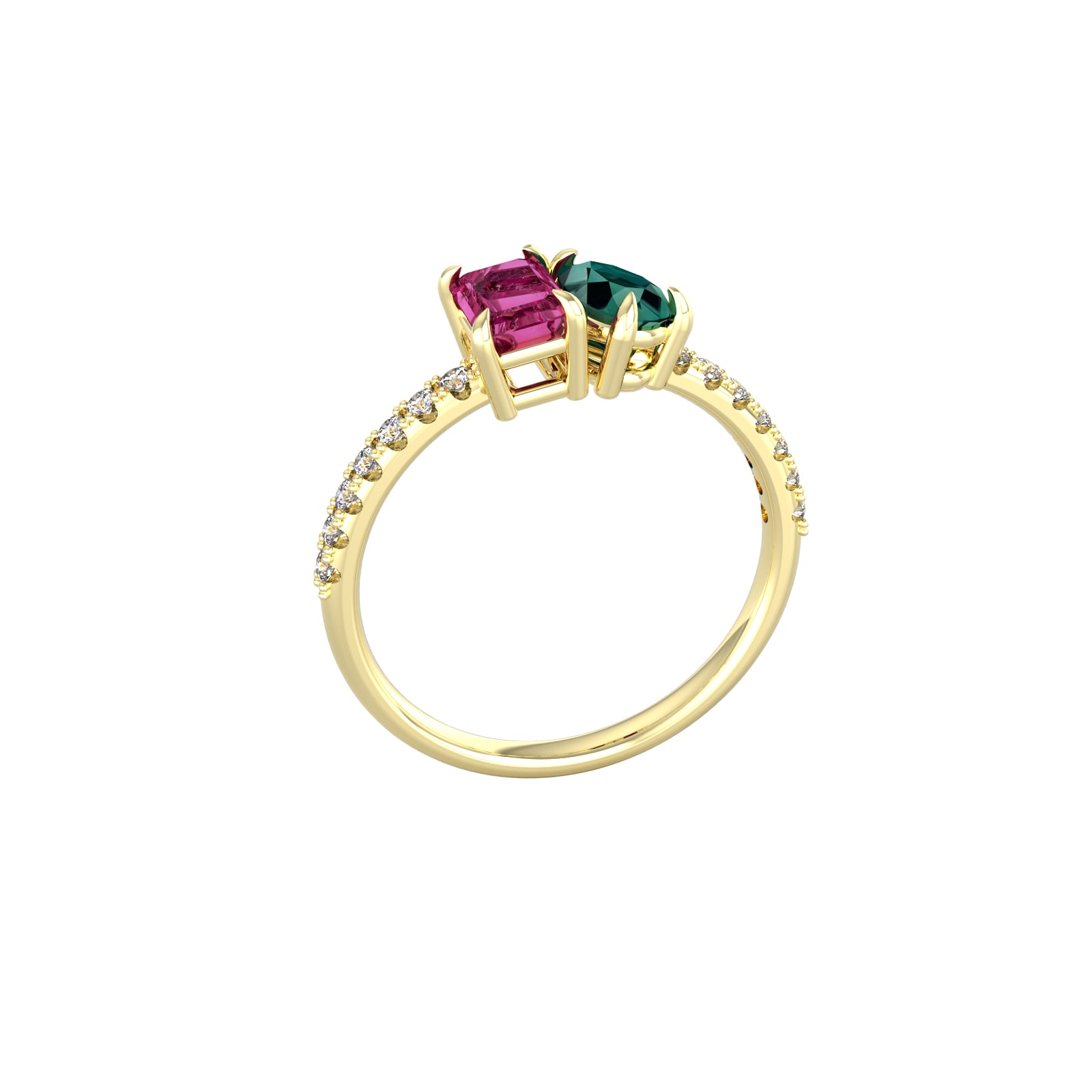 By Request 9ct Yellow Gold Moi Et Toi Pear Green Tourmaline & Rectangular Pink Tourmaline Ring - Ring Size K By Request 9ct Yellow Gold Moi Et Toi Pear Green Tourmaline & Rectangular Pink Tourmaline Ring - Ring Size K