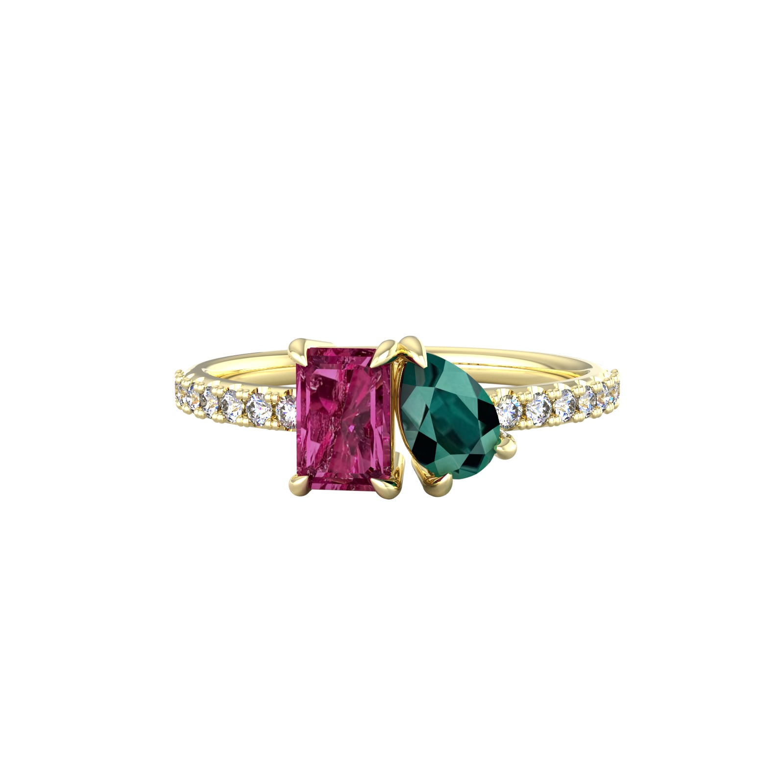By Request 18ct Yellow Gold Moi Et Toi Pear Green Tourmaline 
Rectangular Pink Tourmaline Ring