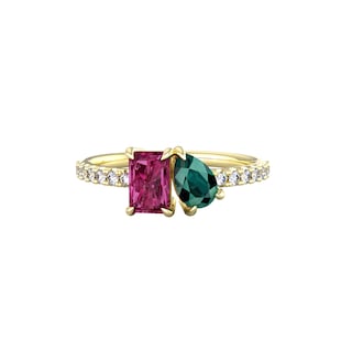 By Request 18ct Yellow Gold Moi Et Toi Pear Green Tourmaline & Rectangular Pink Tourmaline Ring