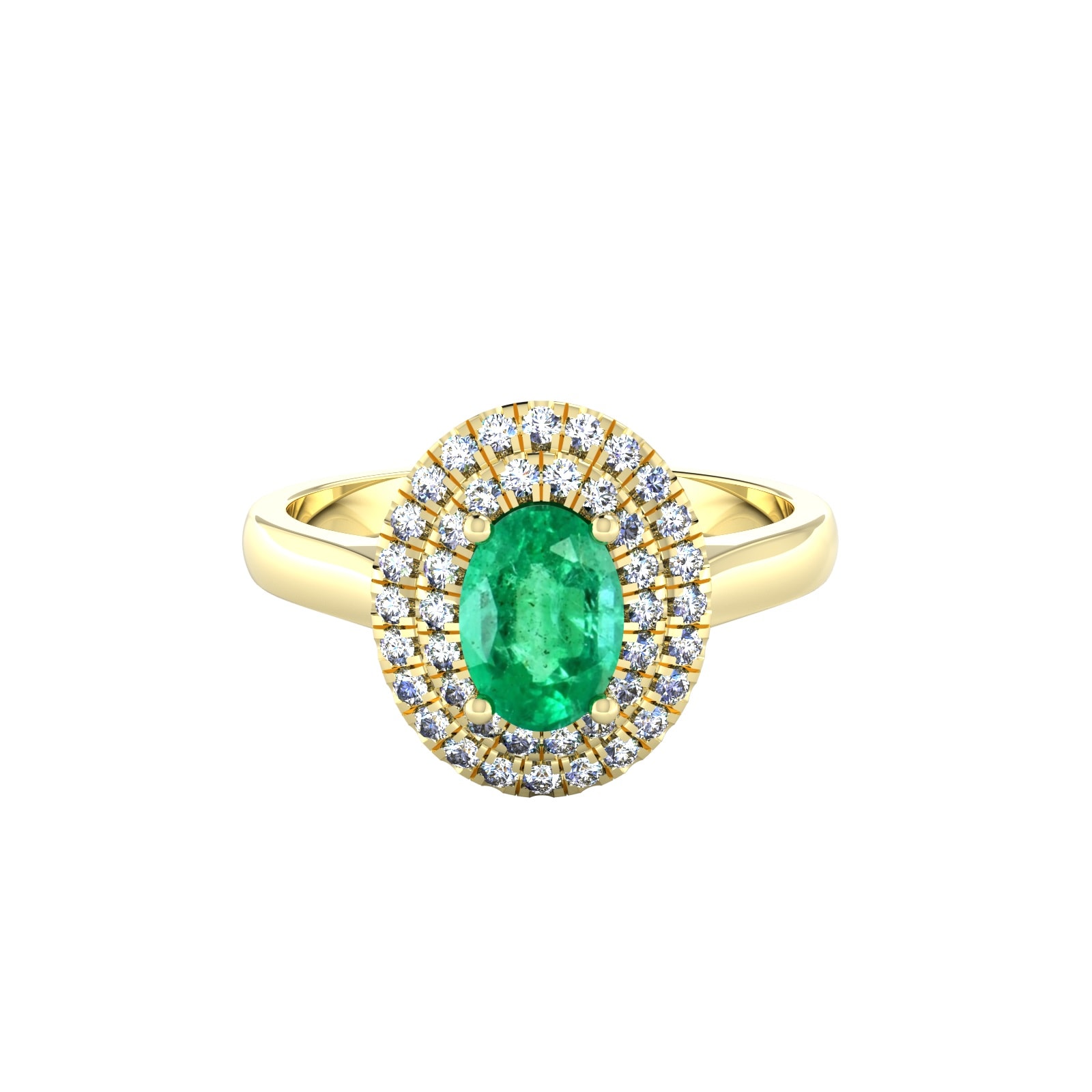 18ct Yellow Gold Emerald & Diamond Double Halo Cluster Ring - Ring Size F