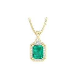 37894457 - 18ct Yellow Gold Emerald & Diamond Cluster Pendant & Chain