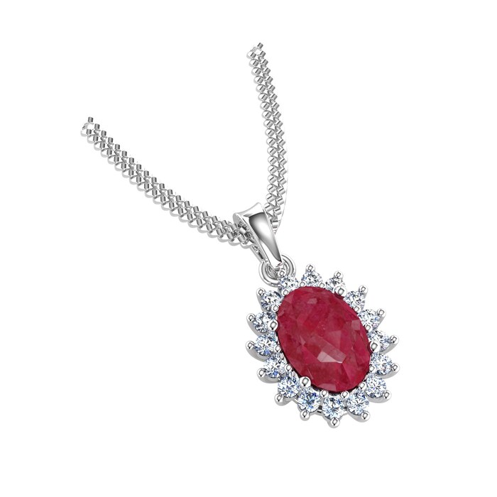 By Request 18ct White Gold Ruby & Diamond Cluster Pendant & Chain