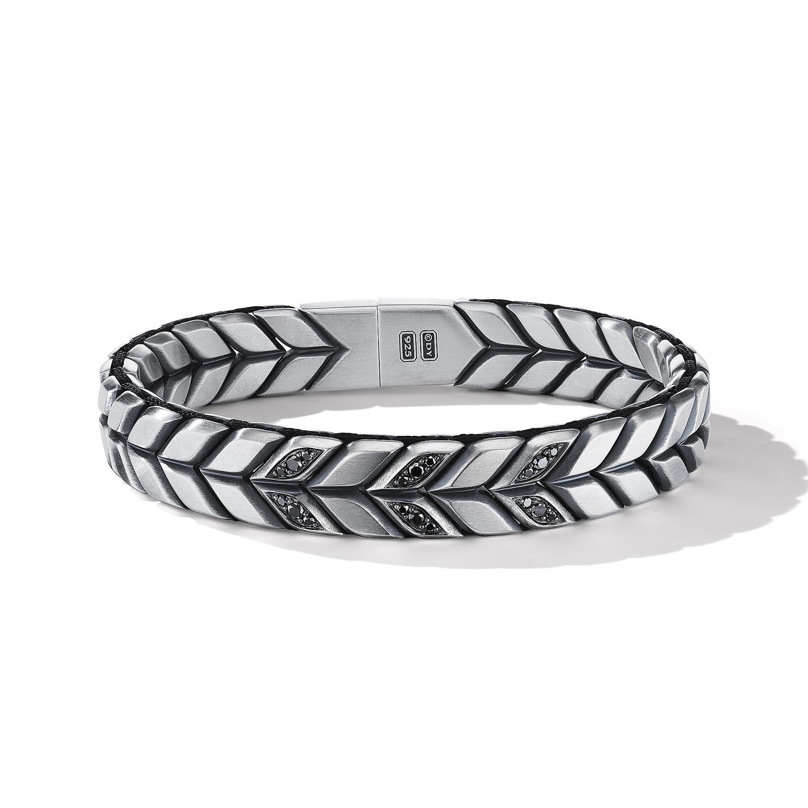 David Yurman Chevron Woven Bracelet in Sterling Silver with Black Diamonds and Black Nylon, 12mm