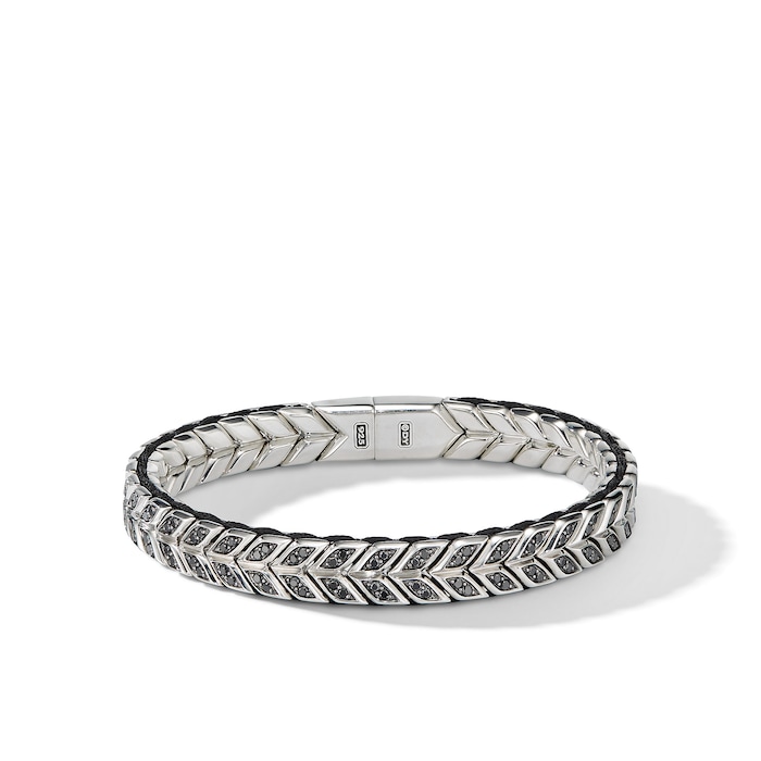 David Yurman Chevron Woven Bracelet in Sterling Silver with Black Diamonds and Black Nylon, 9mm