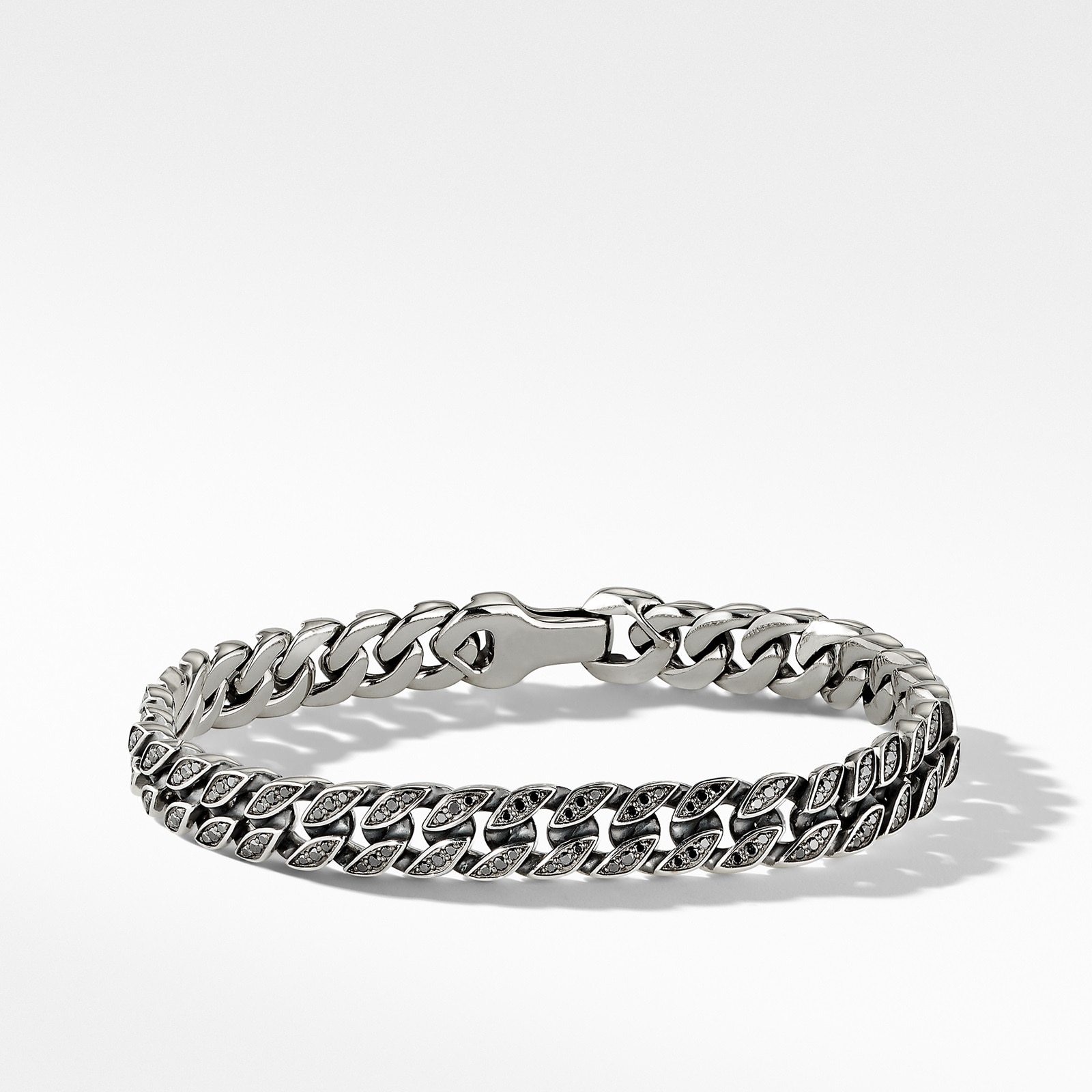 Curb Chain Bracelet in Sterling Silver with Black Diamonds, 8mm - Medium