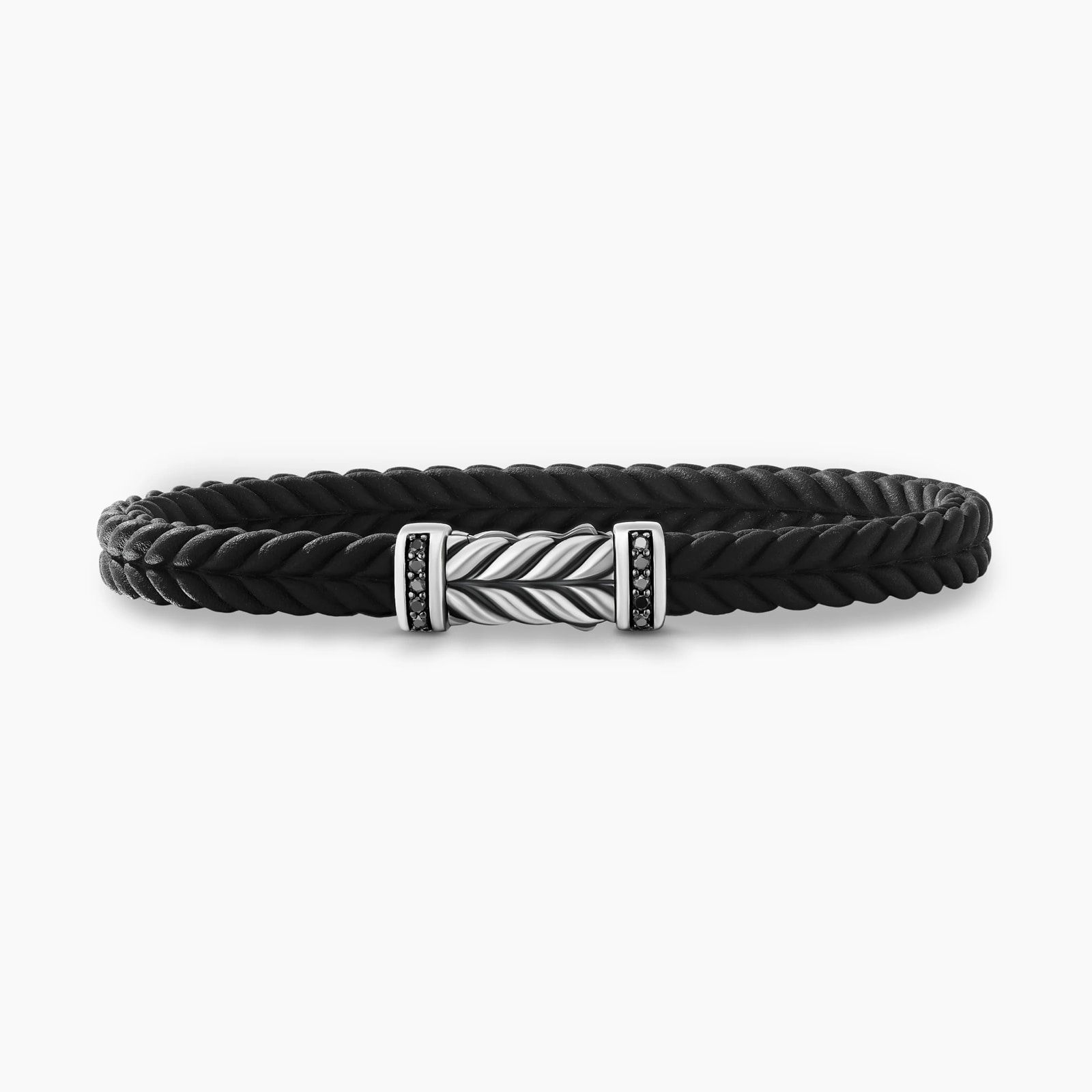 Chevron Bracelet in Black Rubber with Black Diamonds and Sterling Silver, 6mm - Medium