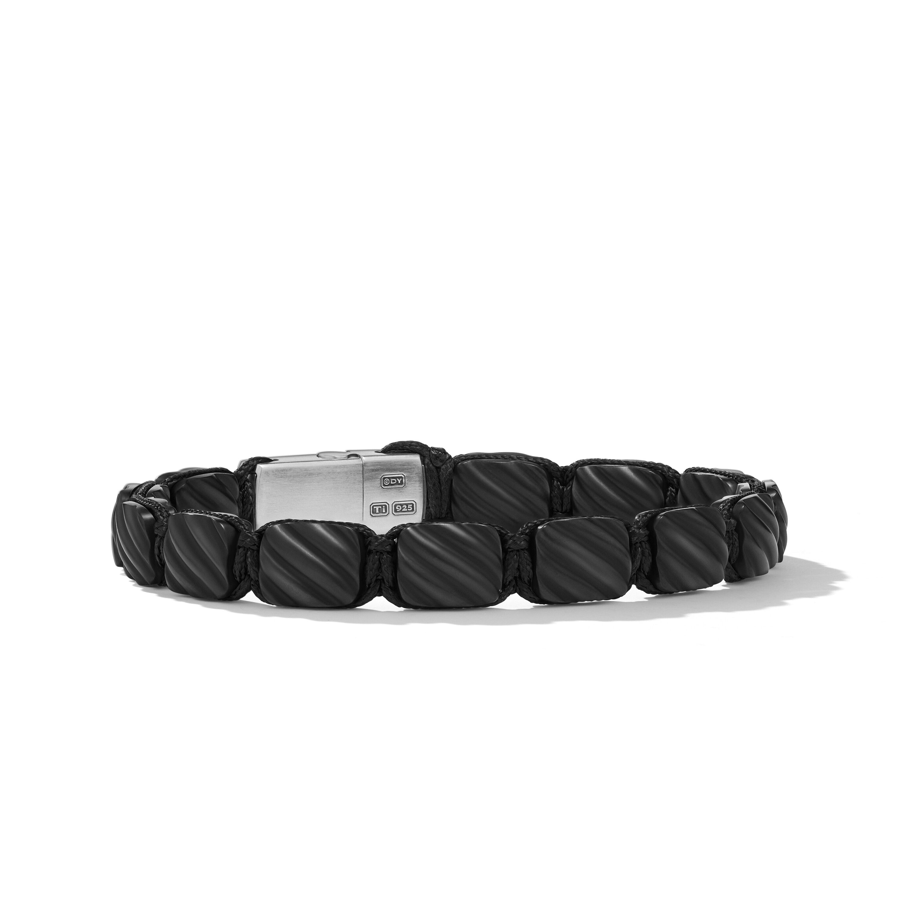 Sculpted Cable Woven Tile Bracelet in Black Titanium with Sterling Silver and Black Nylon - Size Medium