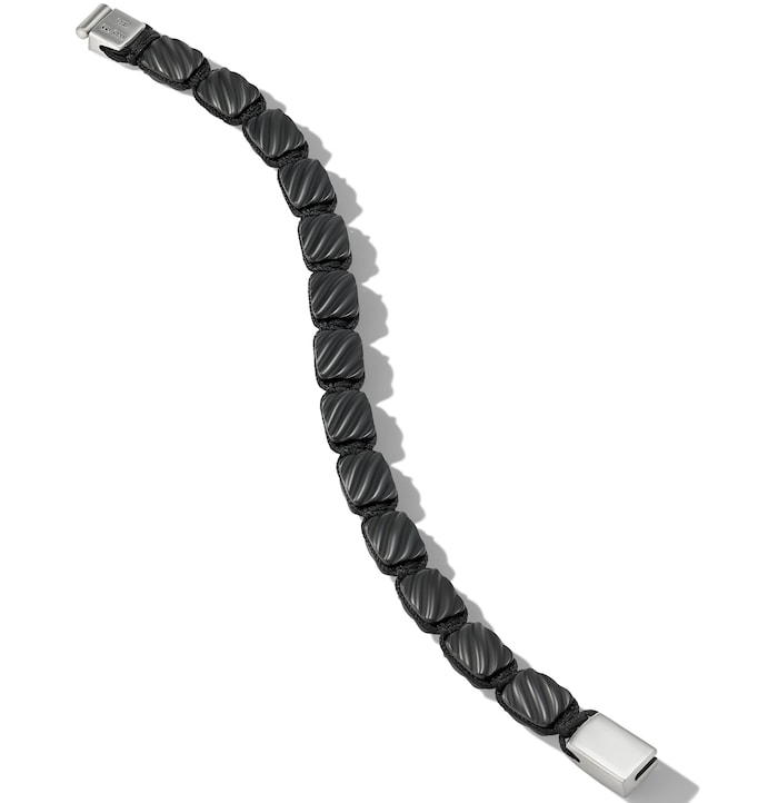 David Yurman Sculpted Cable Woven Tile Bracelet in Black Titanium with Sterling Silver and Black Nylon, 8.5mm