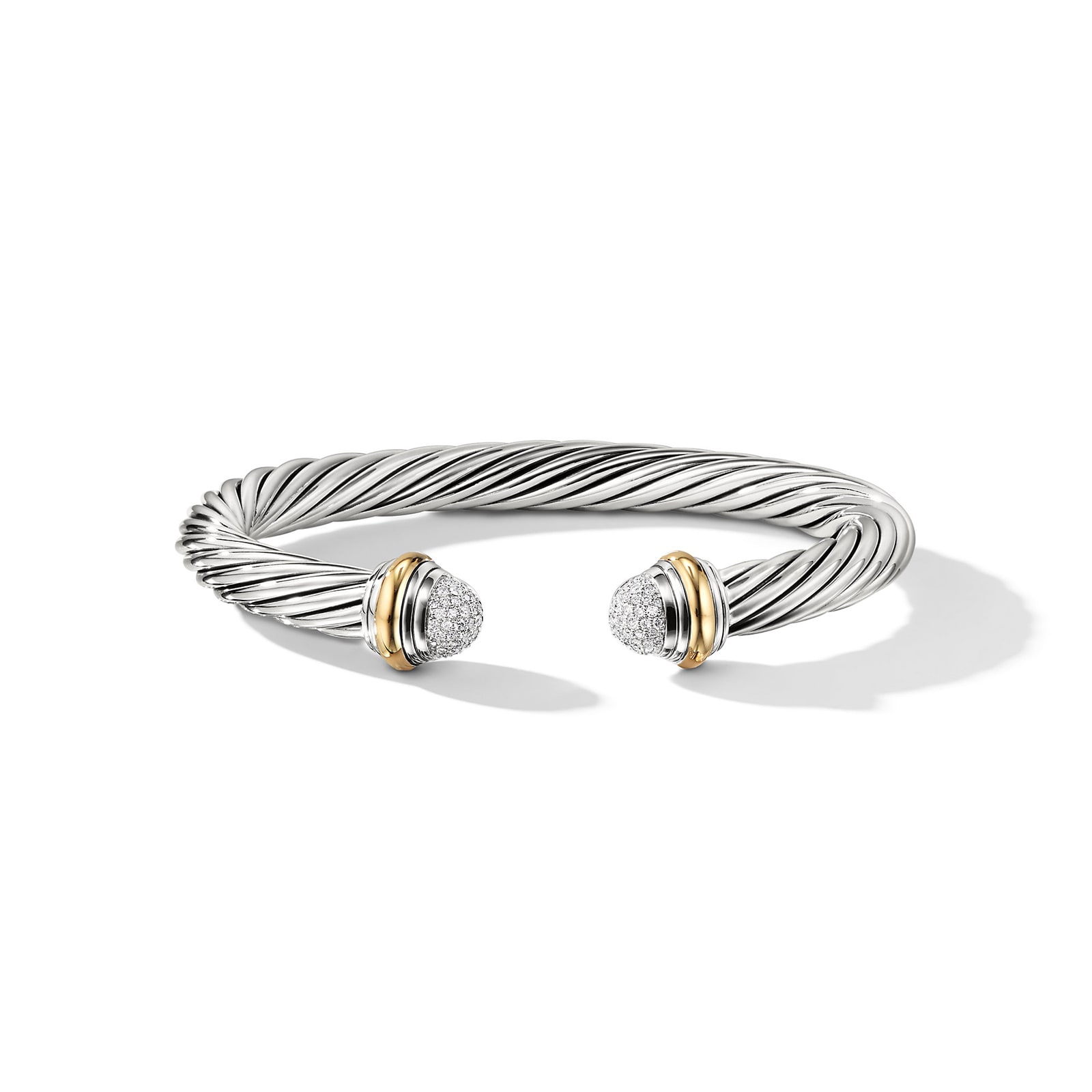 David Yurman Classic Cable Bracelet in Sterling Silver with 18ct Yellow Gold and Pavé Diamond Domes, 7mm
