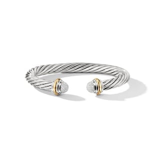 David Yurman Classic Cable Bracelet in Sterling Silver with 18ct Yellow Gold and Pavé Diamond Domes, 7mm