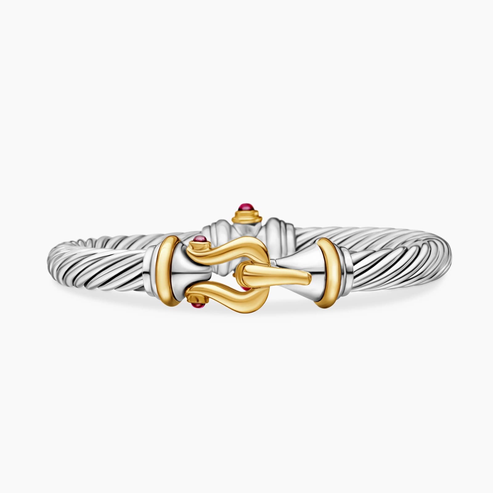 David Yurman Buckle Classic Cable Bracelet in Sterling Silver with 18ct Yellow Gold and Rhodolite Garnets, 7mm