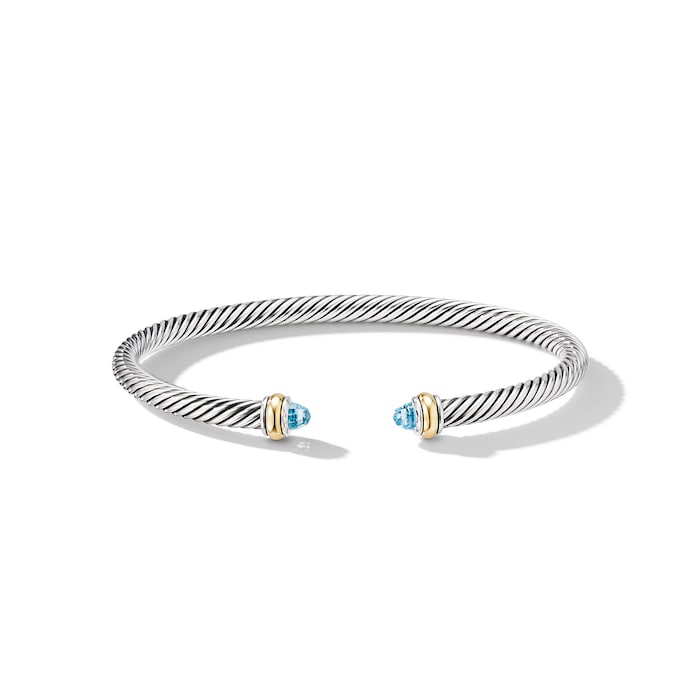 David Yurman Classic Cable Bracelet in Sterling Silver with 18ct Yellow Gold and Blue Topaz, 4mm