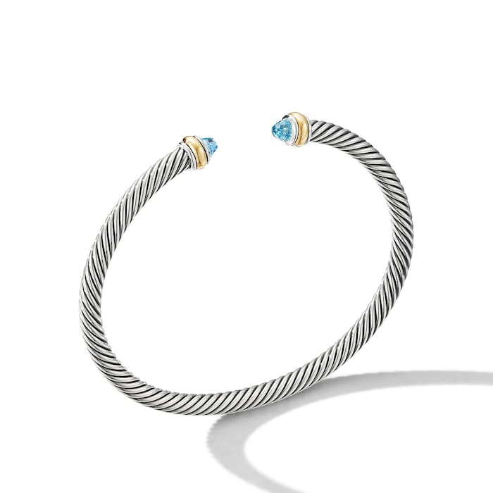 David Yurman Classic Cable Bracelet in Sterling Silver with 18ct Yellow Gold and Blue Topaz, 4mm