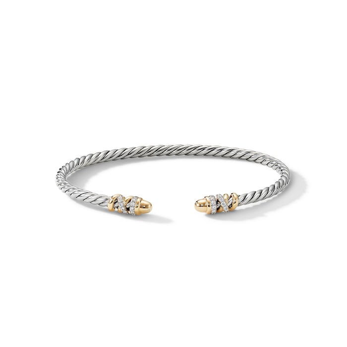 David Yurman Petite Helena Classic Cable Bracelet in Sterling Silver with 18ct Yellow Gold, Gold Domes and Diamonds, 3mm