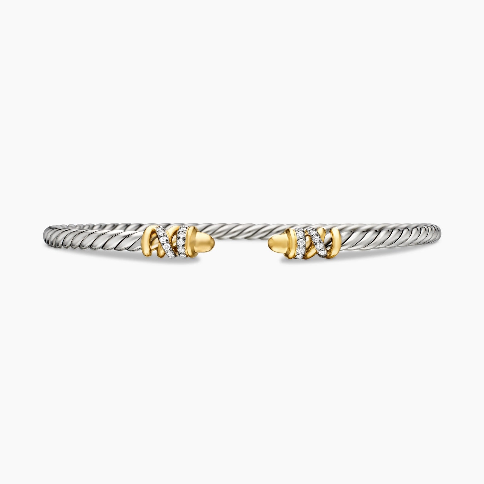 David Yurman Petite Helena Classic Cable Bracelet in Sterling Silver with 18ct Yellow Gold, Gold Domes and Diamonds, 3mm