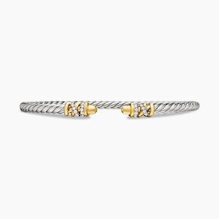David Yurman Petite Helena Classic Cable Bracelet in Sterling Silver with 18ct Yellow Gold, Gold Domes and Diamonds, 3mm