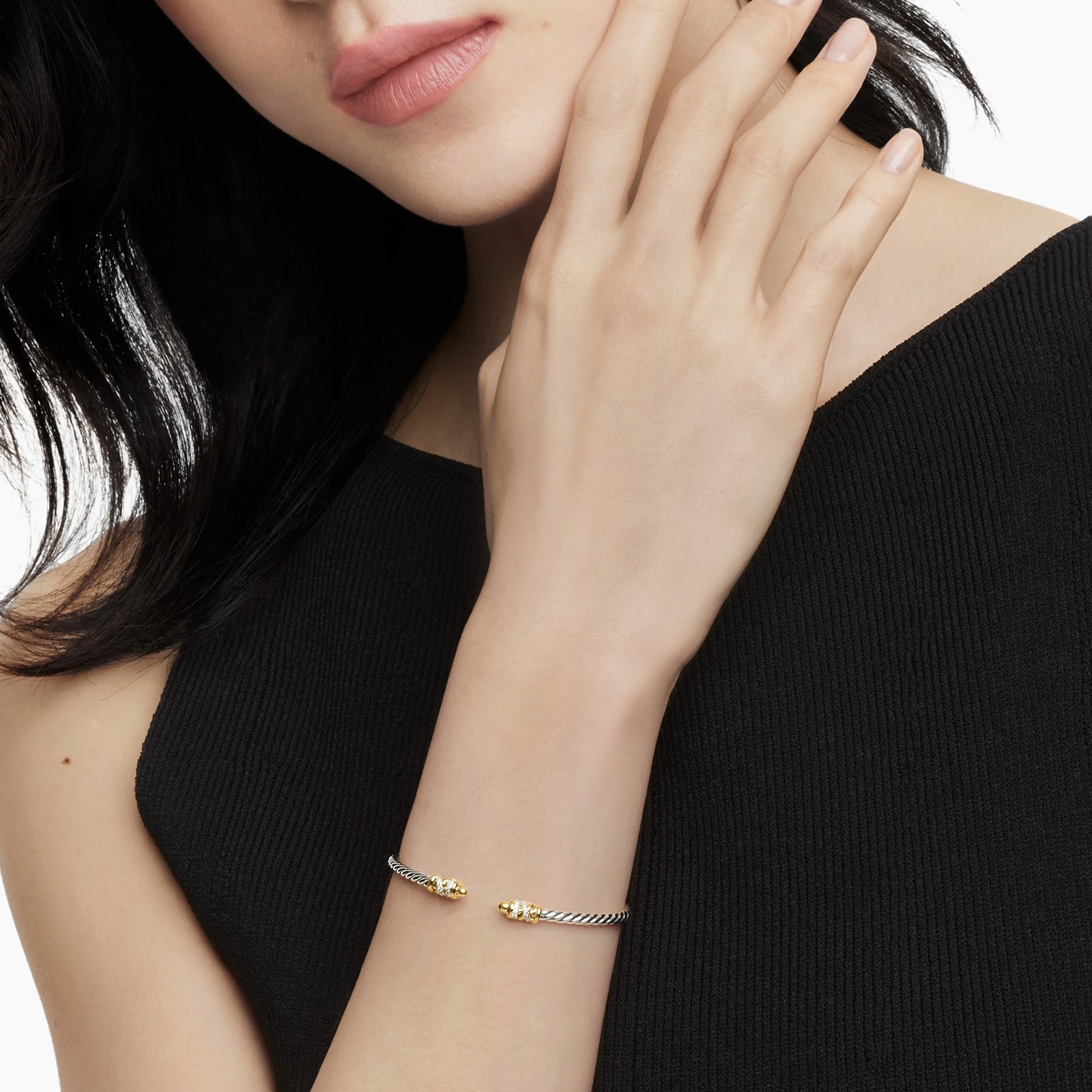 David Yurman Petite Helena Classic Cable Bracelet in Sterling Silver with 18ct Yellow Gold, Gold Domes and Diamonds, 3mm