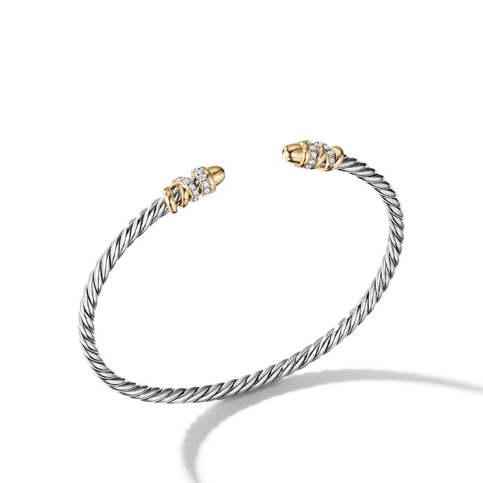 David Yurman Petite Helena Classic Cable Bracelet in Sterling Silver with 18ct Yellow Gold, Gold Domes and Diamonds, 3mm