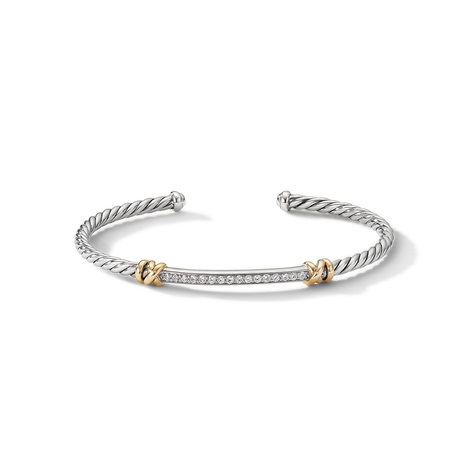 Petite Helena Classic Cable Station Bracelet in Sterling Silver with 18ct Yellow Gold with Diamonds, 3mm - Medium