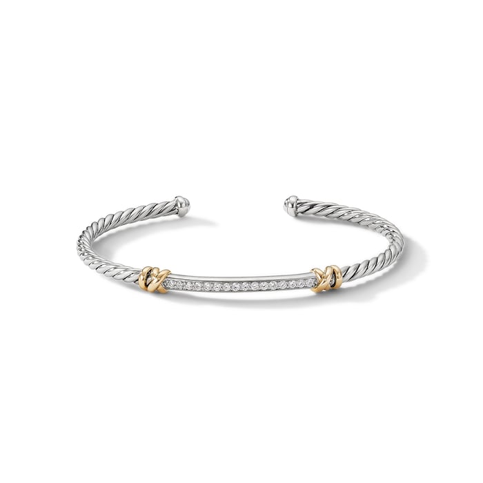 David Yurman Petite Helena Classic Cable Station Bracelet in Sterling Silver with 18ct Yellow Gold with Diamonds, 3mm