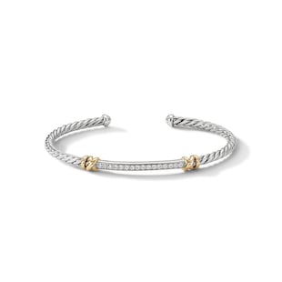 David Yurman Petite Helena Classic Cable Station Bracelet in Sterling Silver with 18ct Yellow Gold with Diamonds, 3mm