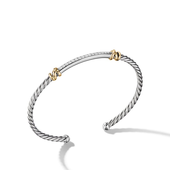 David Yurman Petite Helena Classic Cable Station Bracelet in Sterling Silver with 18ct Yellow Gold with Diamonds, 3mm