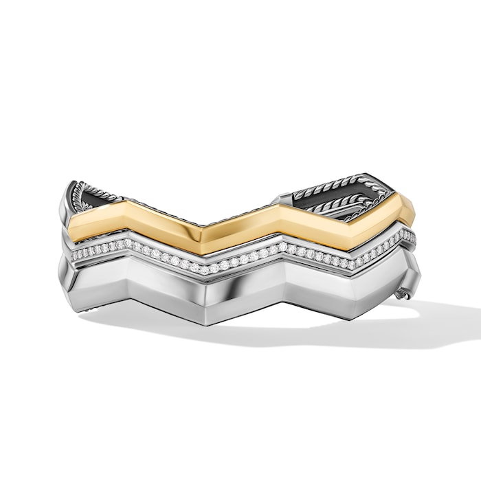 David Yurman Zig Zag Stax™ Three Row Cuff Bracelet in Sterling Silver with 18ct Yellow Gold and Diamonds, 17.4mm