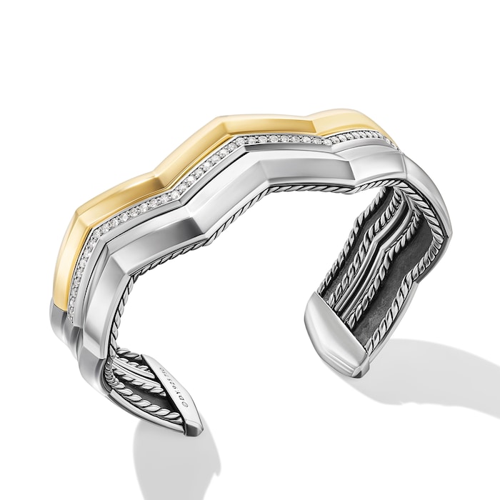 David Yurman Zig Zag Stax™ Three Row Cuff Bracelet in Sterling Silver with 18ct Yellow Gold and Diamonds, 17.4mm