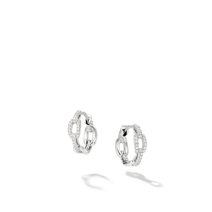 David Yurman Stax Chain Link Huggie Hoop Earrings in 18ct White Gold with Diamonds, 12.5mm