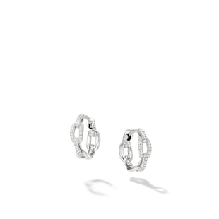 David Yurman Stax Chain Link Huggie Hoop Earrings in 18ct White Gold with Diamonds, 12.5mm