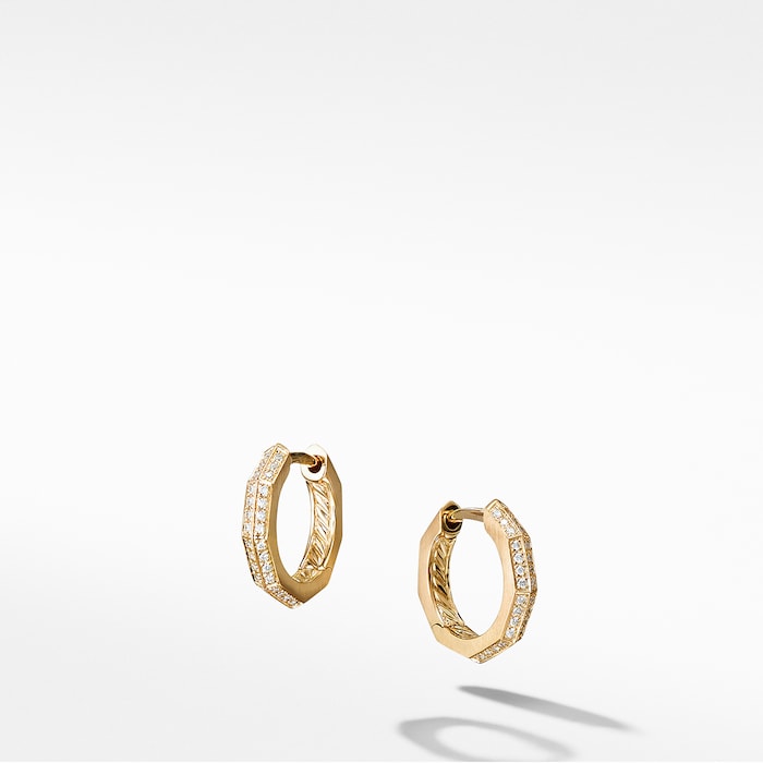 David Yurman Stax Faceted Huggie Hoop Earrings in 18ct Yellow Gold with Diamonds, 13.7mm