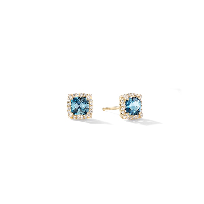 David Yurman Petite Chatelaine® Pavé Bezel Stud Earrings in 18ct Yellow Gold with Hampton Blue Topaz and Diamonds, 5mm