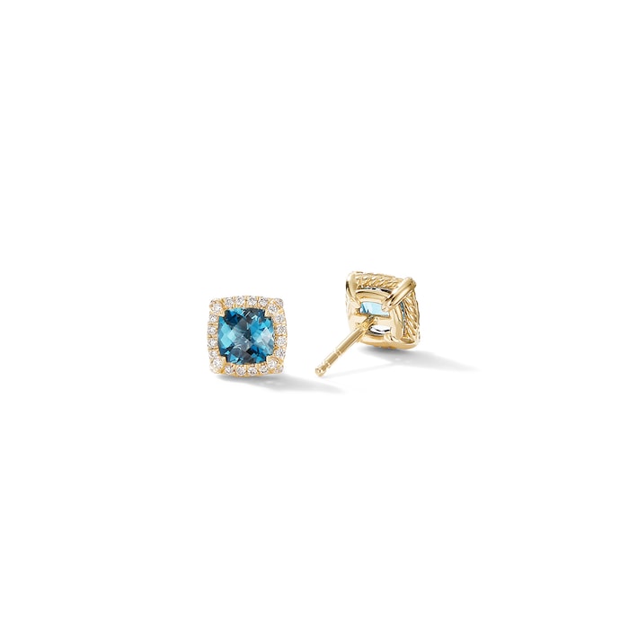 David Yurman Petite Chatelaine® Pavé Bezel Stud Earrings in 18ct Yellow Gold with Hampton Blue Topaz and Diamonds, 5mm