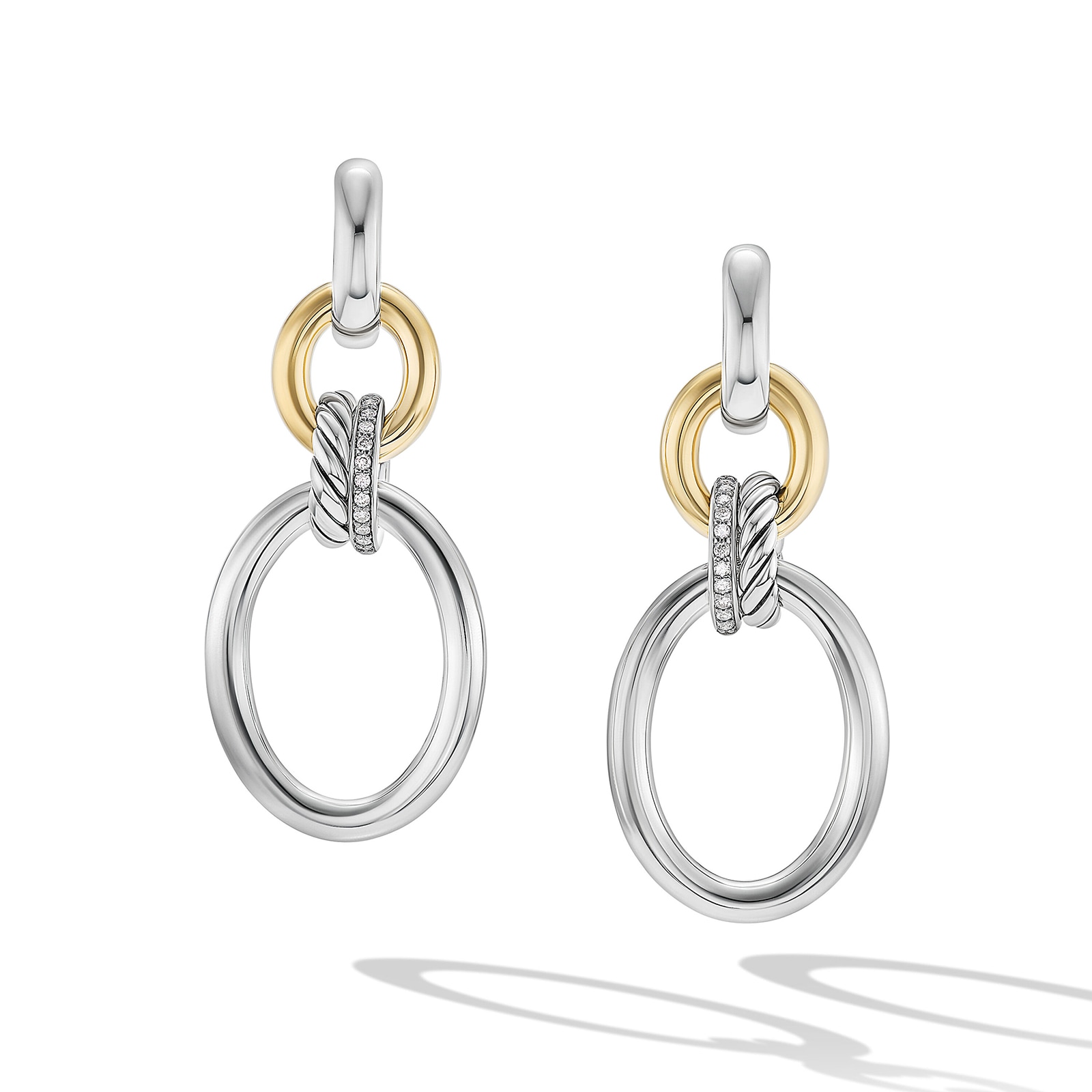 David Yurman DY Mercer™ Circular Drop Earrings in Sterling Silver with 18ct Yellow Gold and Diamonds, 50mm