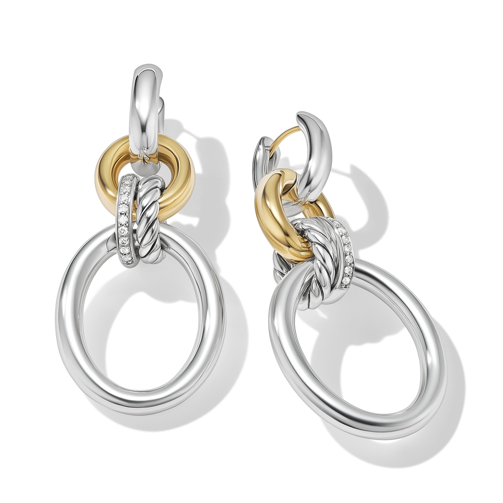 David Yurman DY Mercer™ Circular Drop Earrings in Sterling Silver with 18ct Yellow Gold and Diamonds, 50mm